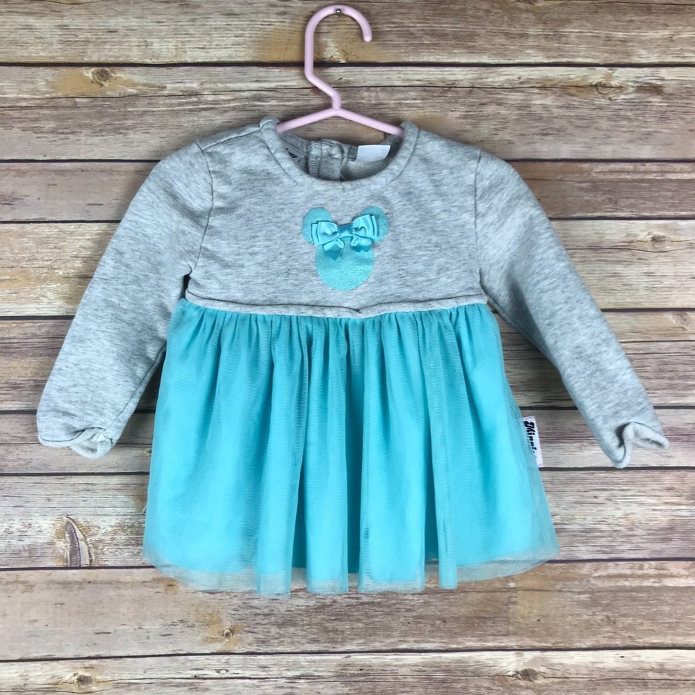 Disney Dress Baby Girl 18M Gray Tutu Minnie Mouse Ears Graphic Knit Blue Glitter